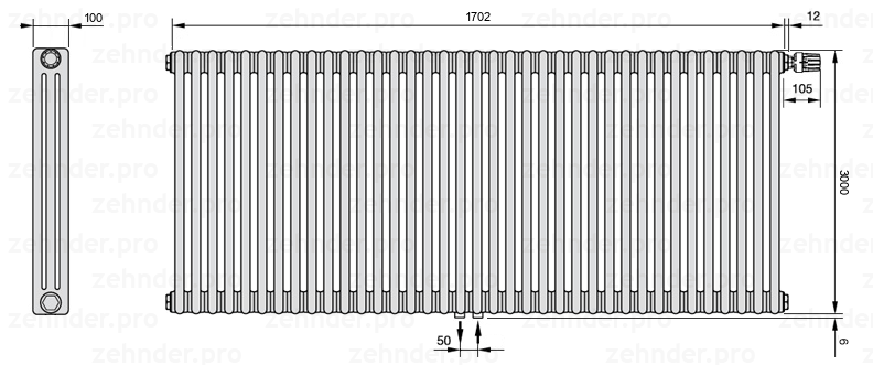 Схема (чертеж) Радиатор Zehnder Charleston 3300/37 №V008 Белый глянцевый RAL 9016